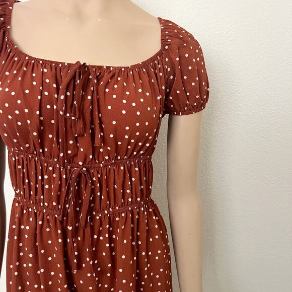 [ASOS] Brown White Polka Dot Print Babydoll Shirred Puff Sleeve Mini Dress Sz 14 - Picture 8 of 11